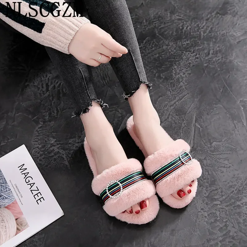 

Меховые шлепанцы, женская обувь с кристаллами, плоские шлепанцы для женщин, теплая обувь, зимние шлепанцы, женская дизайнерская обувь Chaussure Femme