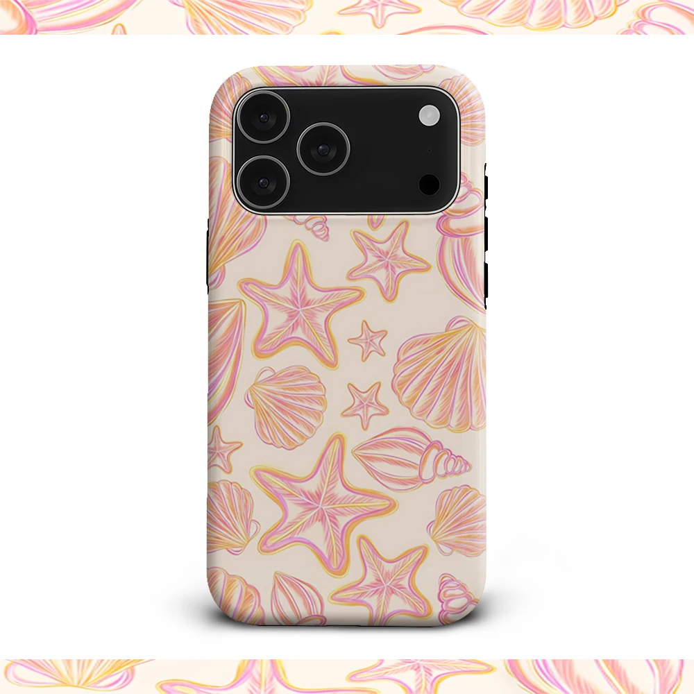 Luxury Double-Layer Phone Case with Pastel Sea Shells and Starfish Design