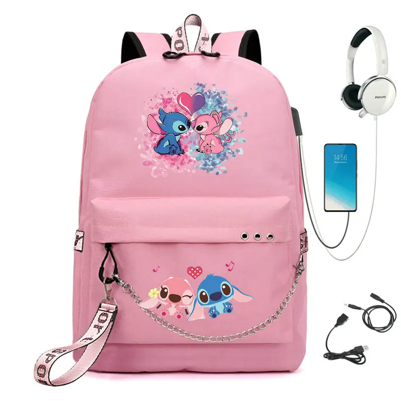 Lilo And Stitch Laptop Backpack Teenage Girls Multi-Pockets Travel Shoulder Bagpack Women USB Charging Waterproof Schoolbag Sac