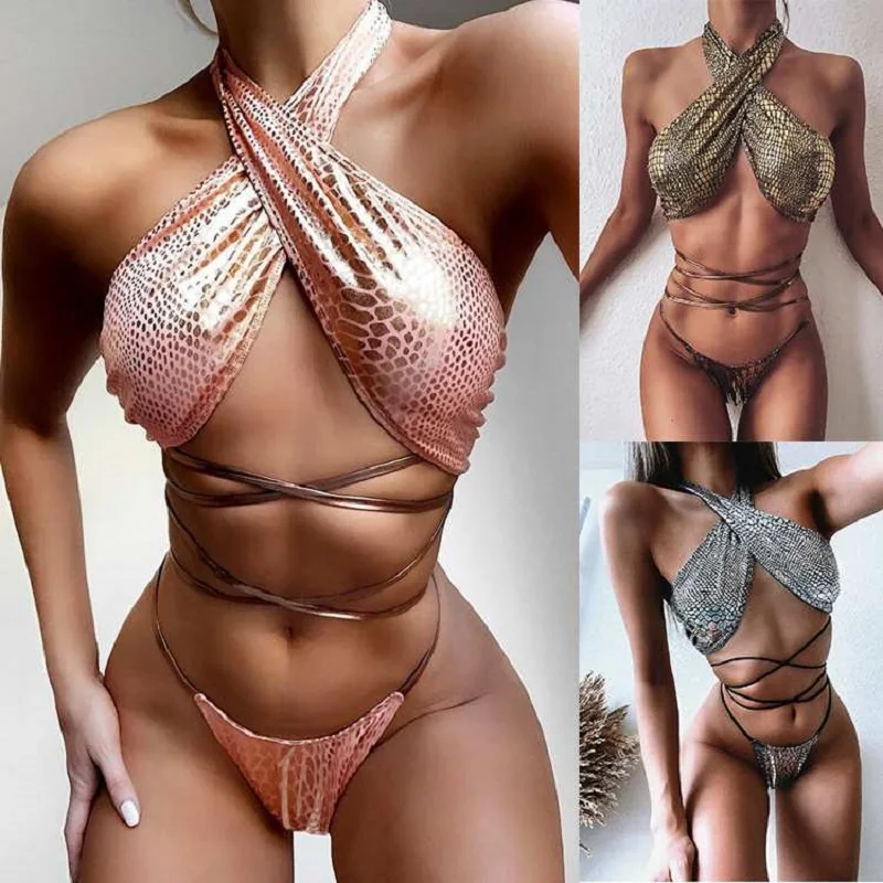 

2024 New Fashion Women's Sexy V-Neck Halter Bikini Set Lady Padded Brazilian Swimwear Side Tied Thin Thong Summer Beachwear