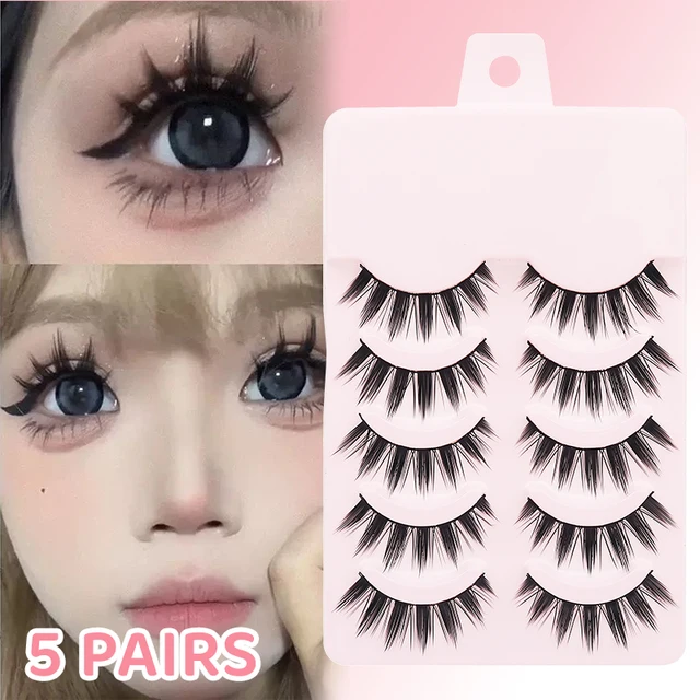 DINGSEN 5 Pairs Manga Lashes Eyes Lashes Soft Natural Long Eyelashes Fake Lashes Anime Wispy Strip False Eyelashes Makeup