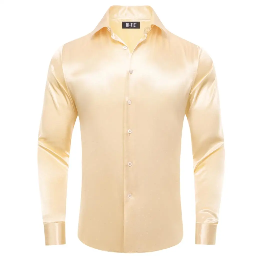 Hi-Tie Cream Jacquard Satin Solid Silk Mens Shirts Long Sleeve Suit Blouse for Male Outerwear Wedding Business Events Oversized