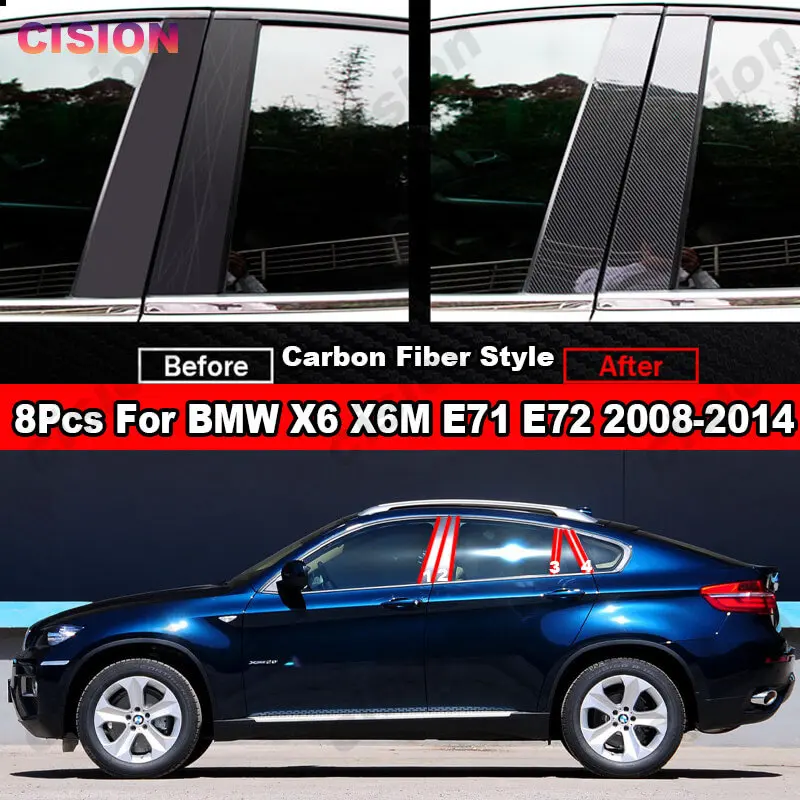 8x 광택 블랙 미러 효과 창 도어 컬럼 센터 B C 기둥 포스트 커버 트림 PC 스티커, BMW X6 X6M E71 E72 2008-2014