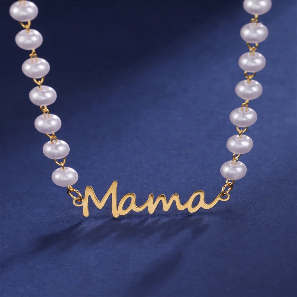 Edelstahl Perlenkette Mama Brief Charm Anhänger Halskette für Frauen Ketten Schmuck Liebhaber Mutter Muttertag Geschenke – Detail 8