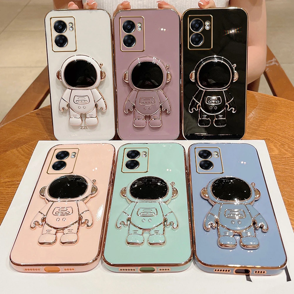 For Oppo A77 Case Oppo A77 2022 Cover Electroplated Astronaut Folding Stand Case Cph2339 Camera Protector Silicone Cover