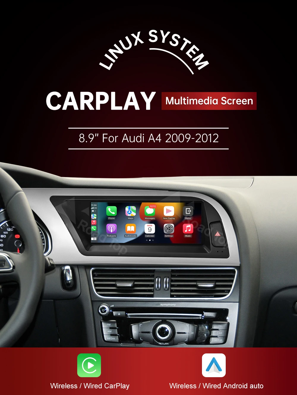 RoadTop 8,9 12,3 Zoll Wireless CarPlay Multimedia Ultra-dünner Bildschirm Android Auto Display für Audi A4 2009-2012 Airplay Autolink – Detail 2