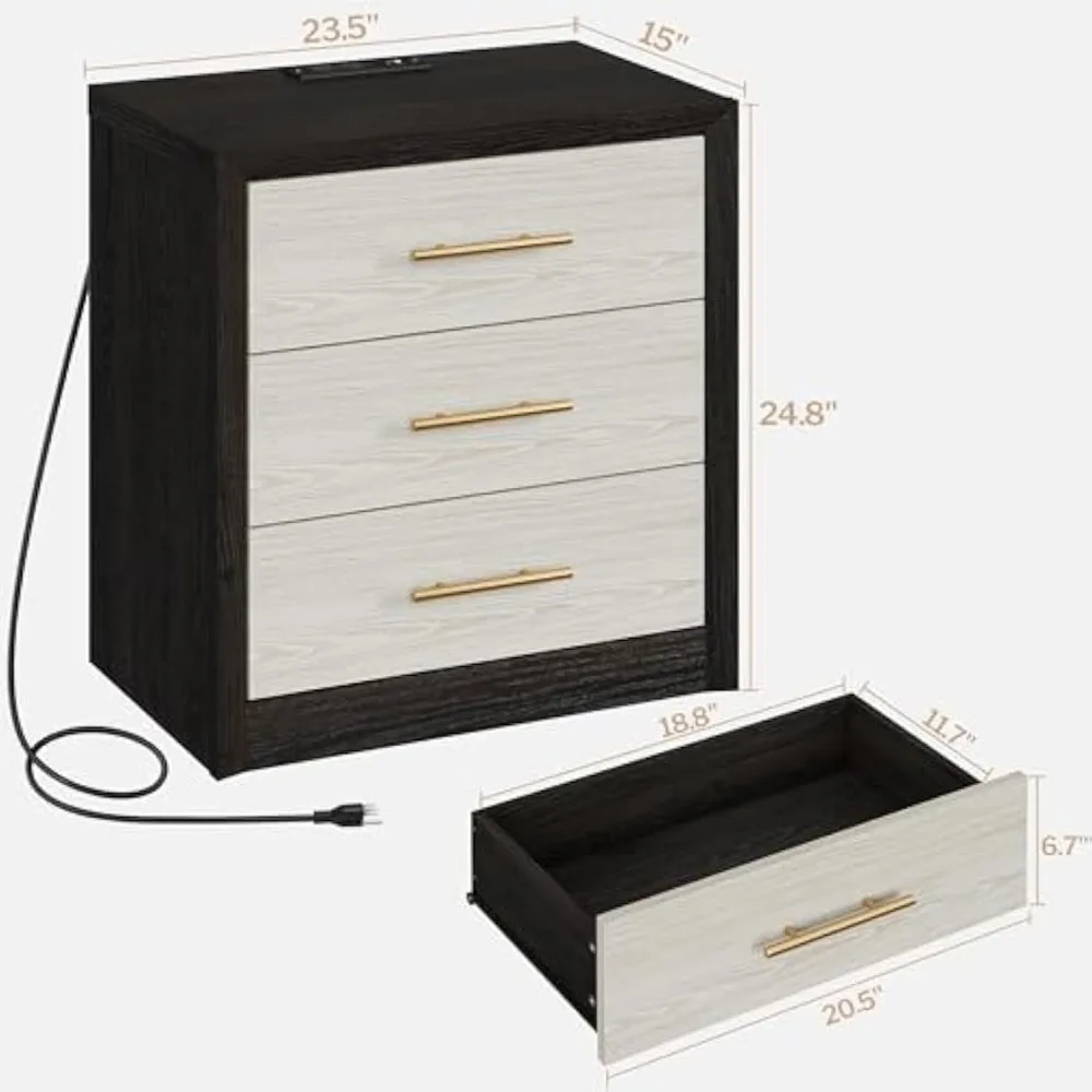 24" Night Stands Set of 2, Black Nightstand with Charging Station, Large 3 Drawers Nightstand, Tall Mid Century Modern Nightsta 2