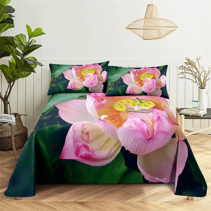 

Pink Lotus 0.9/1.2/1.5/1.8/2.0m Bedding Sheets Set Luxury Digital Print Polyester Bed Flat Sheet Bed Sheets and Pillowcases