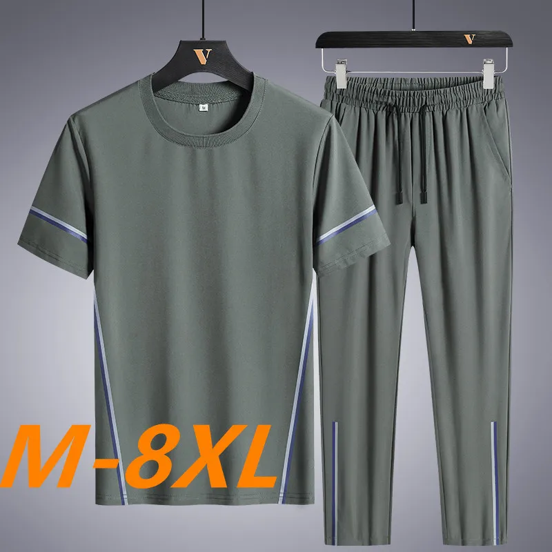 Oversized Mens Joggers Set Ice Silk Sports Short-sleeved Suit Thin Korean Version crew neck T-shirt Sports Pants Two-piece Set