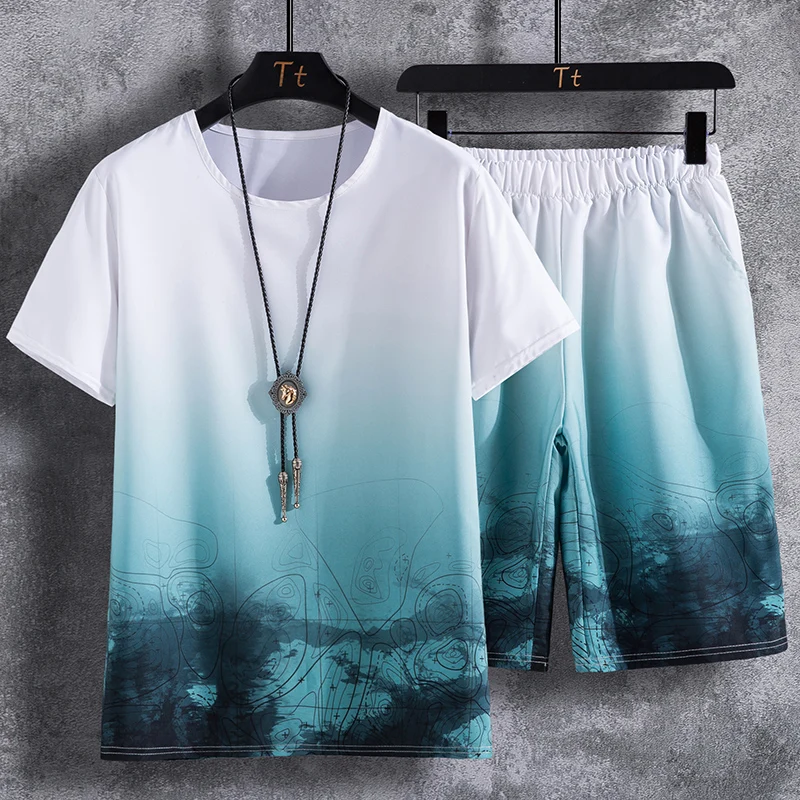 

2022 Men Short Sleeve Set Mens Casual Tracksuit Print O-Neck Tshirt+Shorts Male Elastic Waist Summer Sets M-4XL