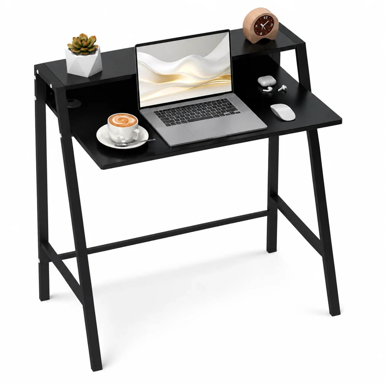 Writing Desk with Storage Shelf, 84 x 45 cm Computer Table for Home Office, PC Laptop Workstation, Sturdy Steel Frame, Easy Clean Melamine Surface, Black