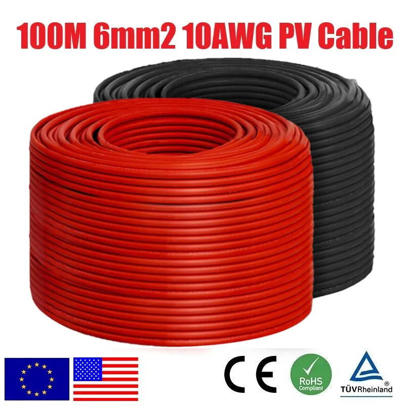 PowMr 100m Solar Wire 6mm&sup2; 10AWG Black and Black Solar PV Cable IP68 Extension Photovoltaic System Wire Panel EU USA Stock