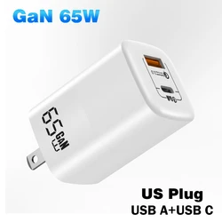 65W GaN Fast Charger with USB Quick Charge and UK Plug - US Plug White