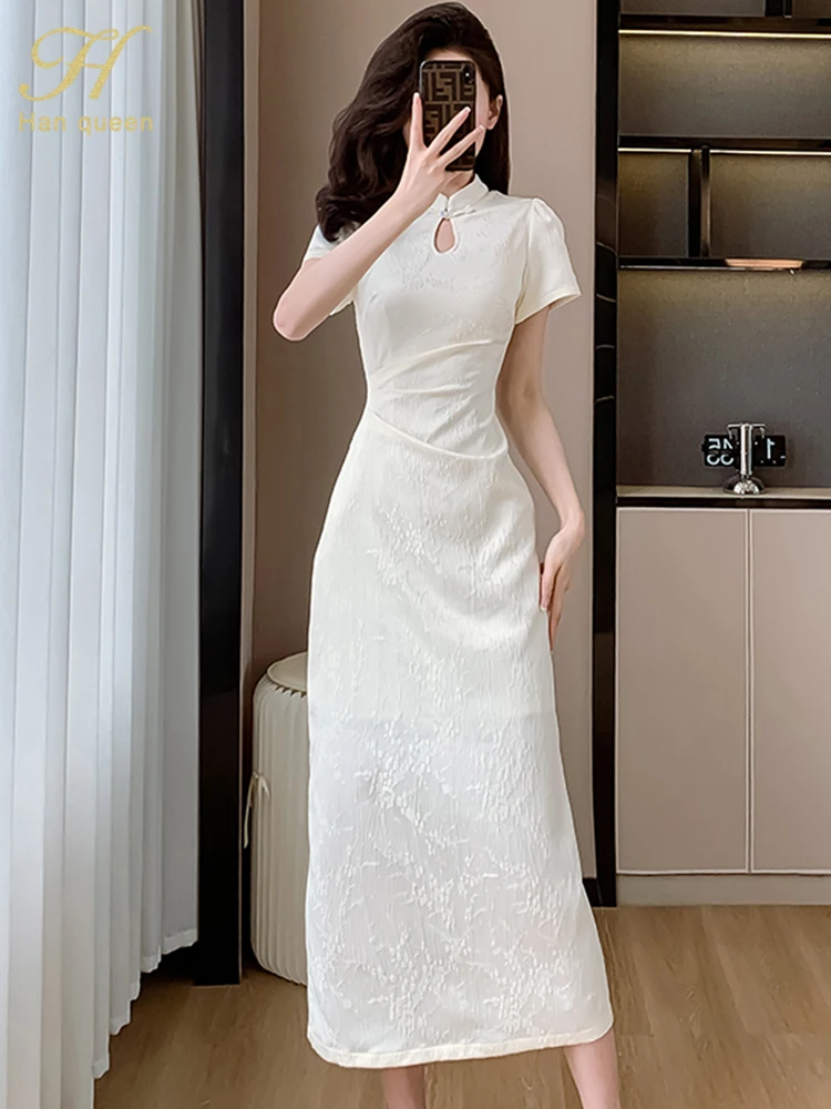 

H Han Queen Elegant Fashion Slim Casual Office Cheongsam Summer Dress Women's Pencil Midi Dresses Party Apricot/Black Vestidos