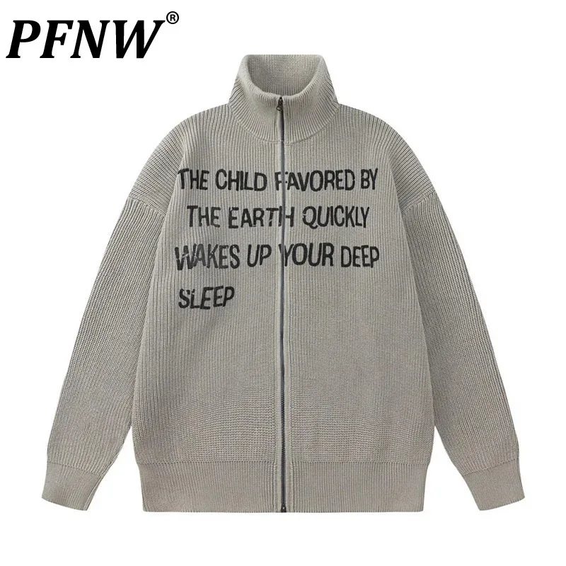 

PFNW American Letter Print Knitted Sweater Jacket For Men's Spring Autumn new Loose Two-way Zipper Stand Collar Cardigan 12Z6506
