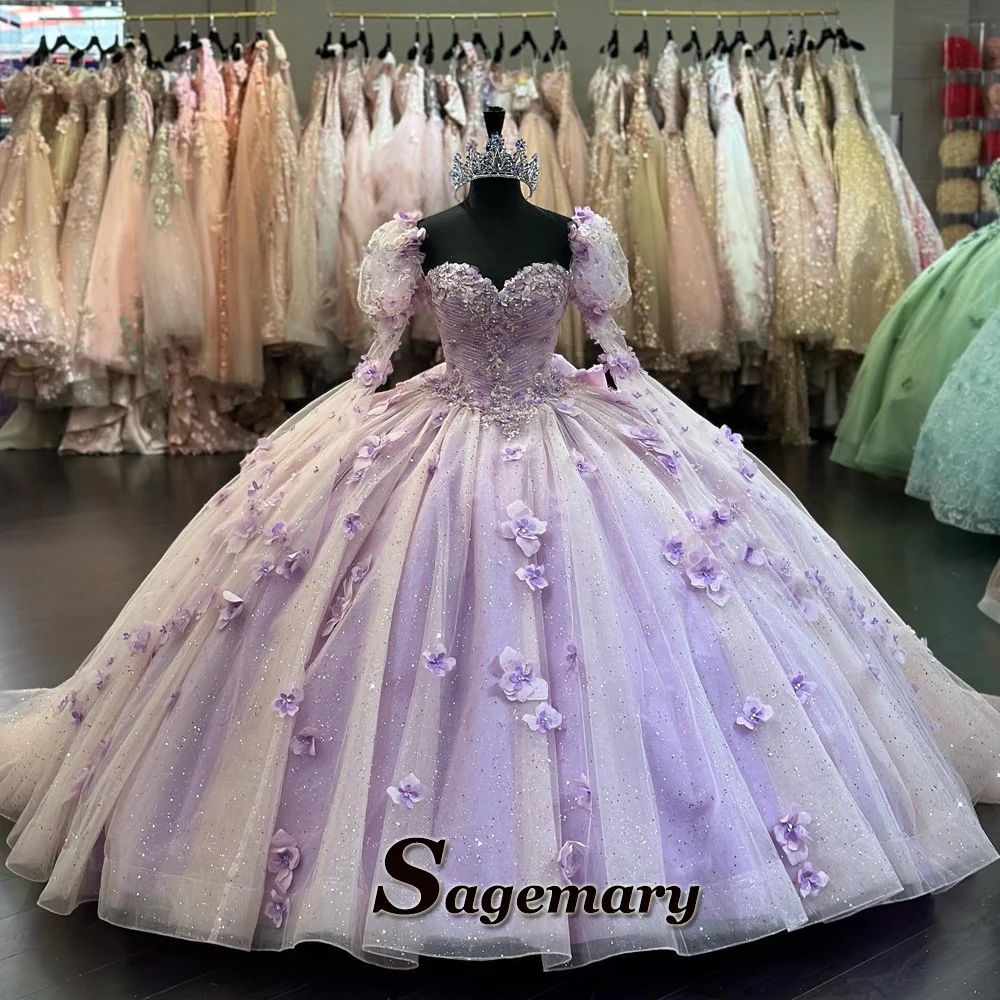 Sagemary Gorgeous Sweetheart Quinceanera Dresses For Girls Sparkly Flare Sleeves 3D Appliques Corset Robe Quinceanera Rouge