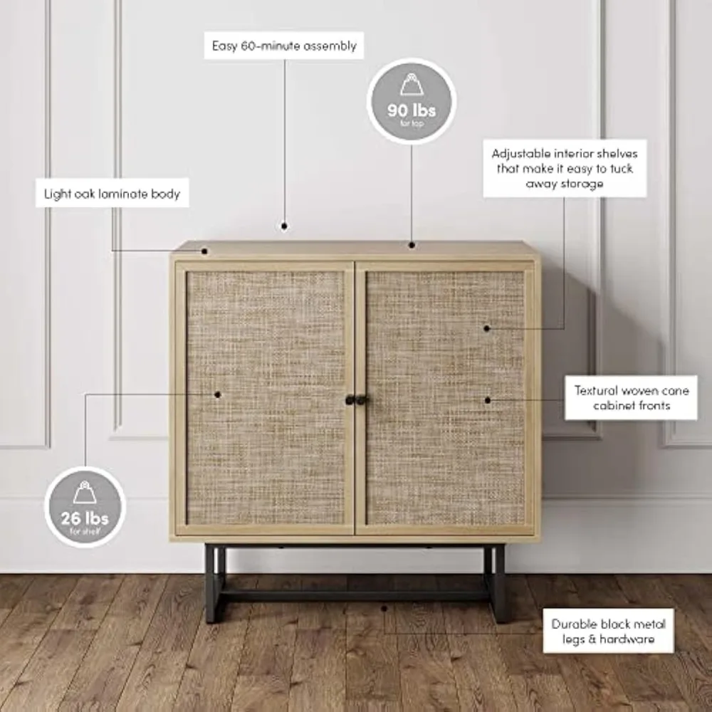 Kova Accent Sideboard Storage Cabinet in Light Wood and Rattan with Metal Frame, Adjustable Shelves and Cane Doors, for Hallway 5