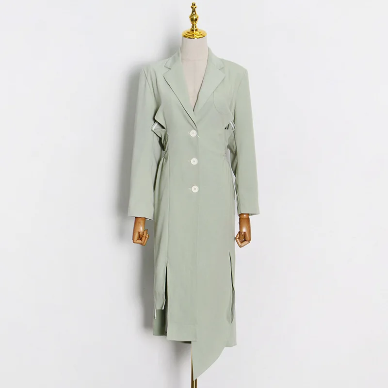 

Elegant OL Style Women's Suit Jacket Hollow Out Irregular Design Dong Trench Mint Notched Long Coat