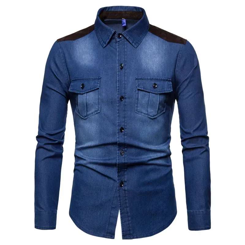 Denim Shirt Men Long Sleeve Casual Cotton Jeans Slim Suede Matching Solid Pocket Tops
