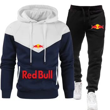 2025 Set con cappuccio sportivo autunno/inverno transfrontaliero da uomo 2 + 3 colori Felpa con cappuccio casual Set di abbigliamento sportivo Pantaloni maglione Stampa Red Bull 1