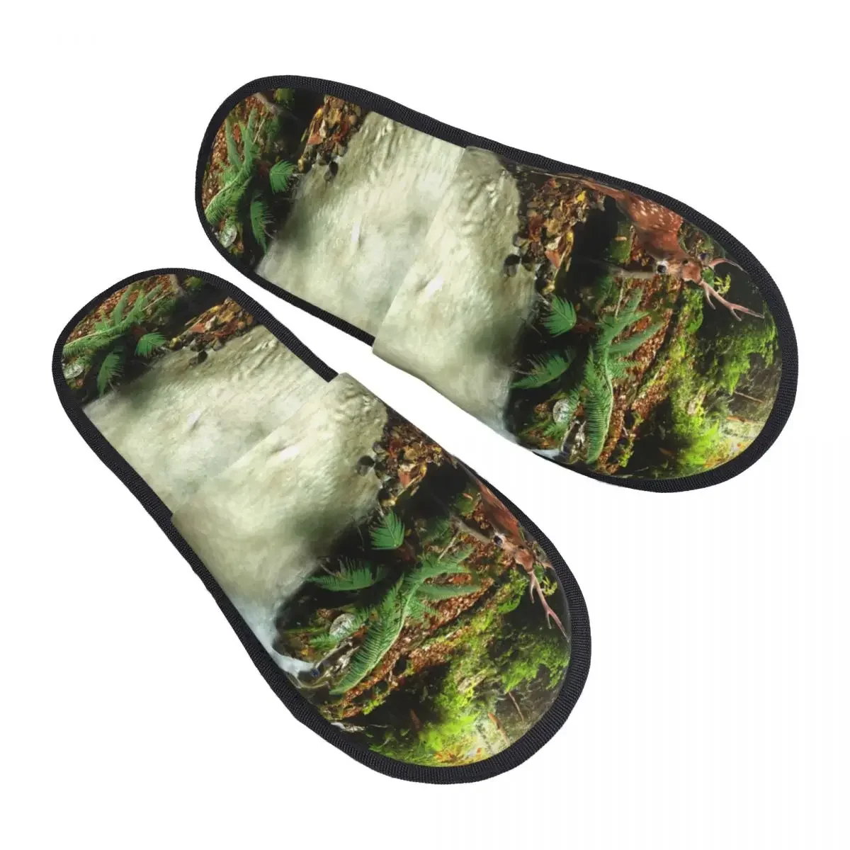 

Winter Slipper Woman Man Fluffy Warm Slippers Tropical Forest Stream And Sika Deer House Slippers Shoes