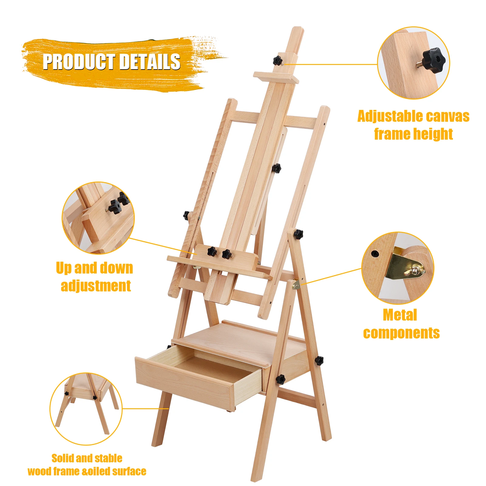 H Frame Easel, French Easel with Casters, Solid Beech Wood Easel, Painting Canvas Holder Stand, Tilts Flat Artist Height