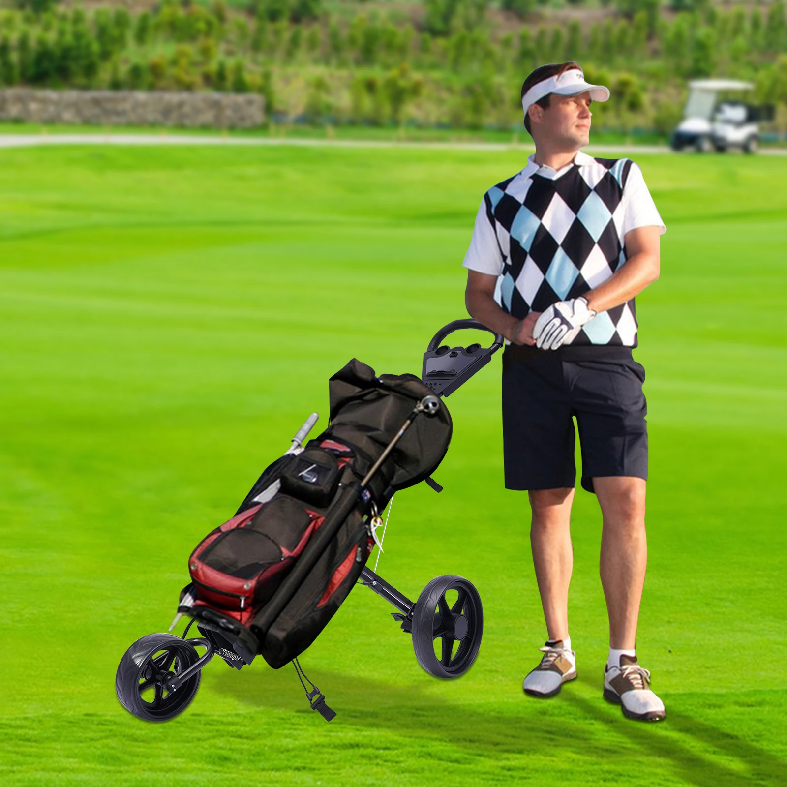 Foldable Golf Push Cart 3 Wheel Golf Walking Push Roller Trolley Bag with Scorecard Drink Holder Adjustable Straps