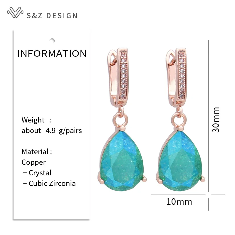 S&Z DESIGN New Fashion Cubic Zirconia Water Drop Ice Crack Crystal Dangle Earrings For Women 585 Rose Gold Color Eardrop Jewelry