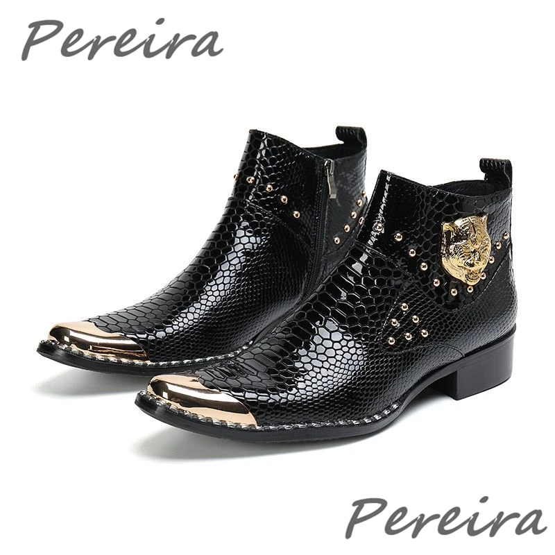 

Luxury Genuine Leather Handmade Men's Shoes Metal Square Toe Fashion Rivet Black Short Boots Banquet Party Business Formal Boots
