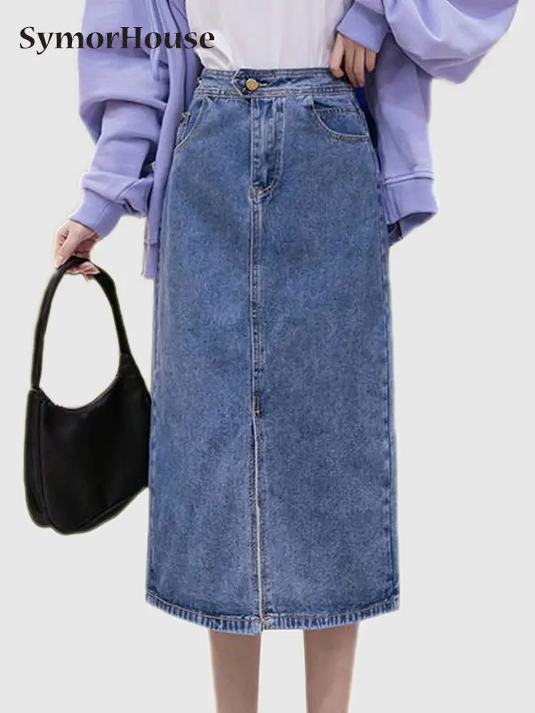 

Spring Summer Autumn Vitange Straight Denim Skirt Women High Waist Slim Split Bodycon Pencil Jean Midi Skirts Female