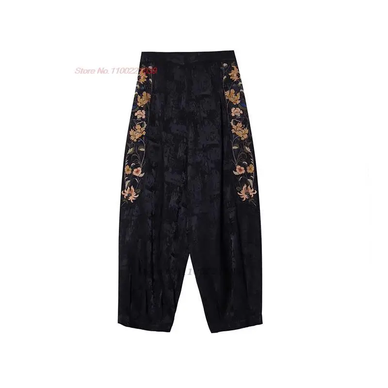 chinese vintage satin jacquard trousers national flower embroidery harajuku ethnic pants casual elastic waist harem pants