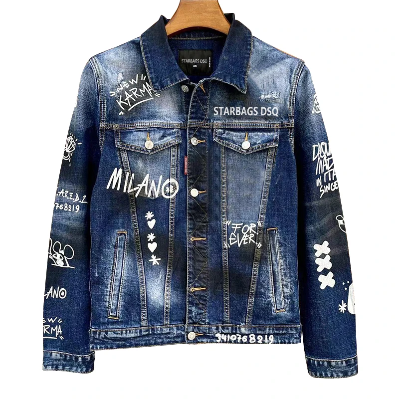 

Men's denim jacket starbags dsq 1918 punk hole torn paint, splashed ink, heavily washed, split, slim fit fashionable rock jacket