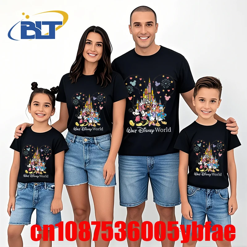 Disney World Mickey And Friends Print T-shirt Dad and mom kids Cotton Short Sleeve Family Matching Outfits Casual Top 2