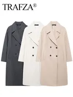 TRAFZA 2024 Autumn New Women Loose Coat Lapel Double Breasted Long Sleeve Jacket Winter Warm Thick Vintage Solid Trench Outwear 1