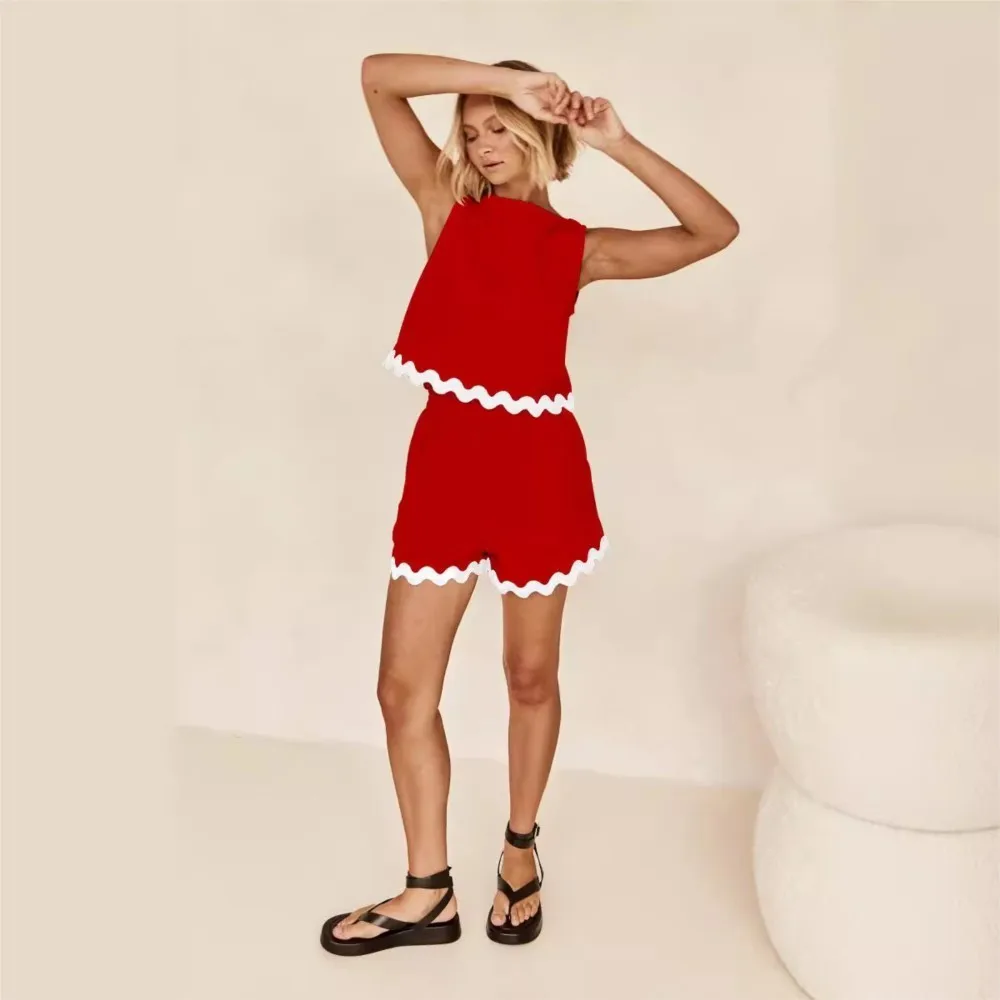 Fashion Wave Stripe Patchwork Shorts Set For Women Causal Solid O Neck Tops Fashion Set Female Summer Holiday Beach 2 Pieces Set