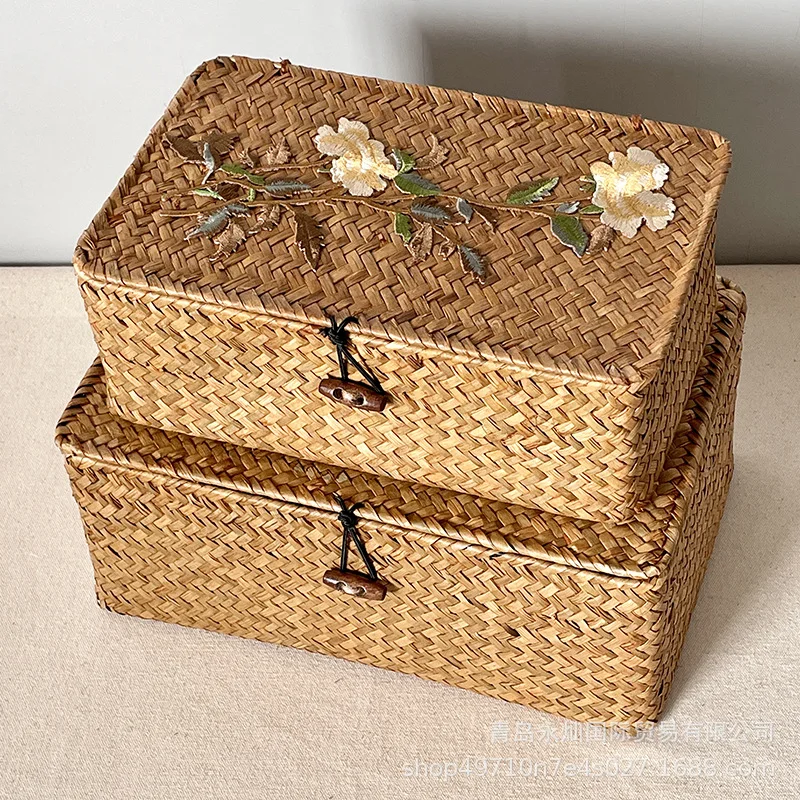 

Ретро бамбуковая корзина тканая ручная Подарочная коробка с крышкой настольная корзина для хранения подарок на свадьбу из ротанга