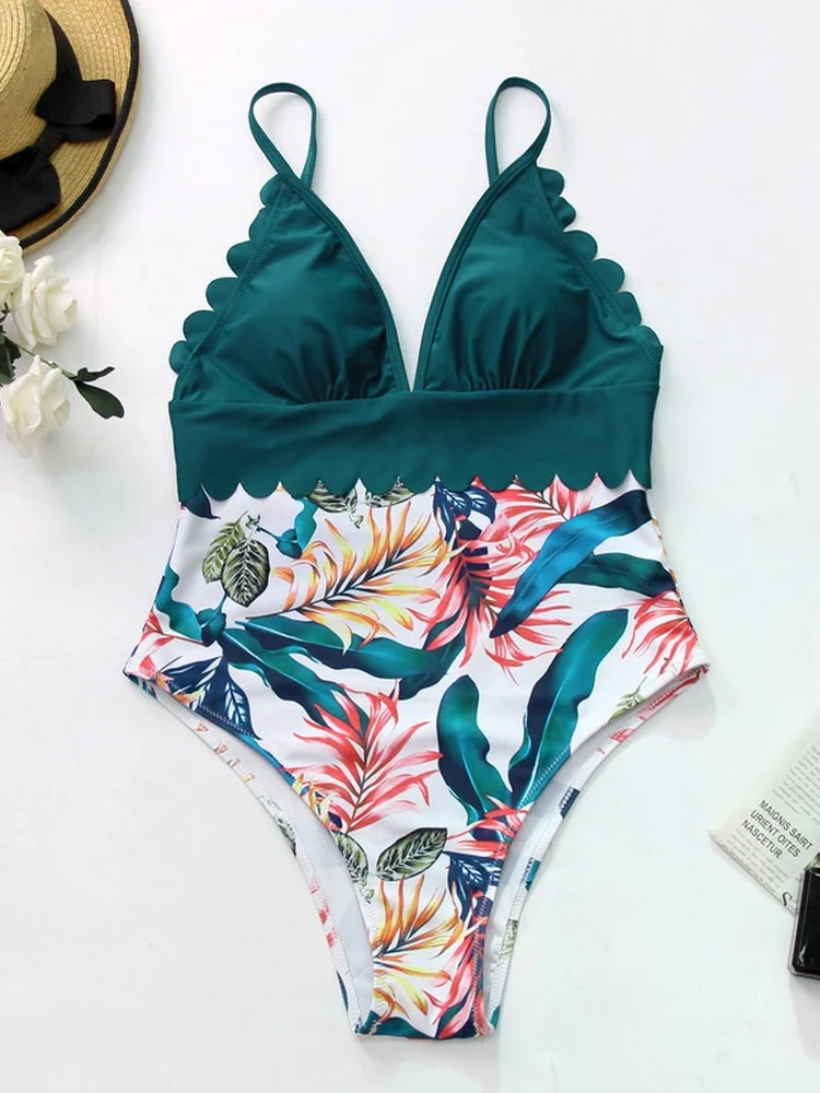 High Waist Swimwear Women One Piece Swimsuit Sexy V-Neck Push Up Halter Scallop Trim Bathing Suit Beachwear Brazilian Monokini - 4