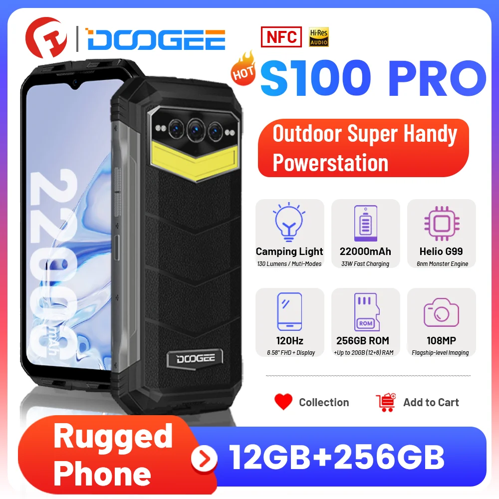 22000mAh DOOGEE S100 Pro 12GB+256G Rugged Smartphones 108MP Night Vision  Camera