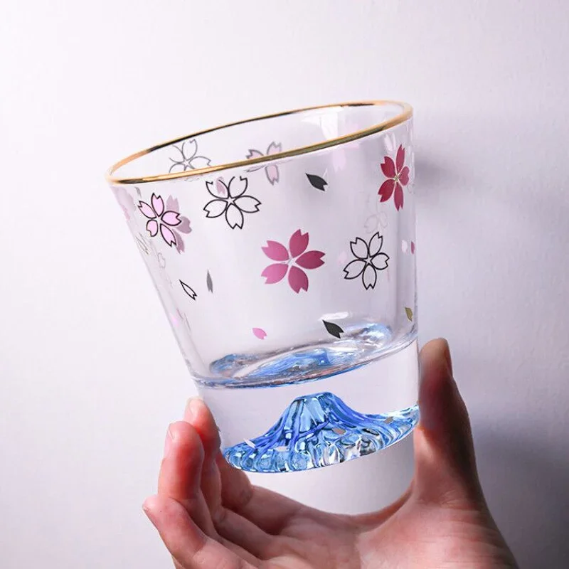 Creative Sakura Mount Fuji Glass Mug Double-Bottom Wineglass for Cold Drinks Juice and Milk Glassware New Drinkware Design