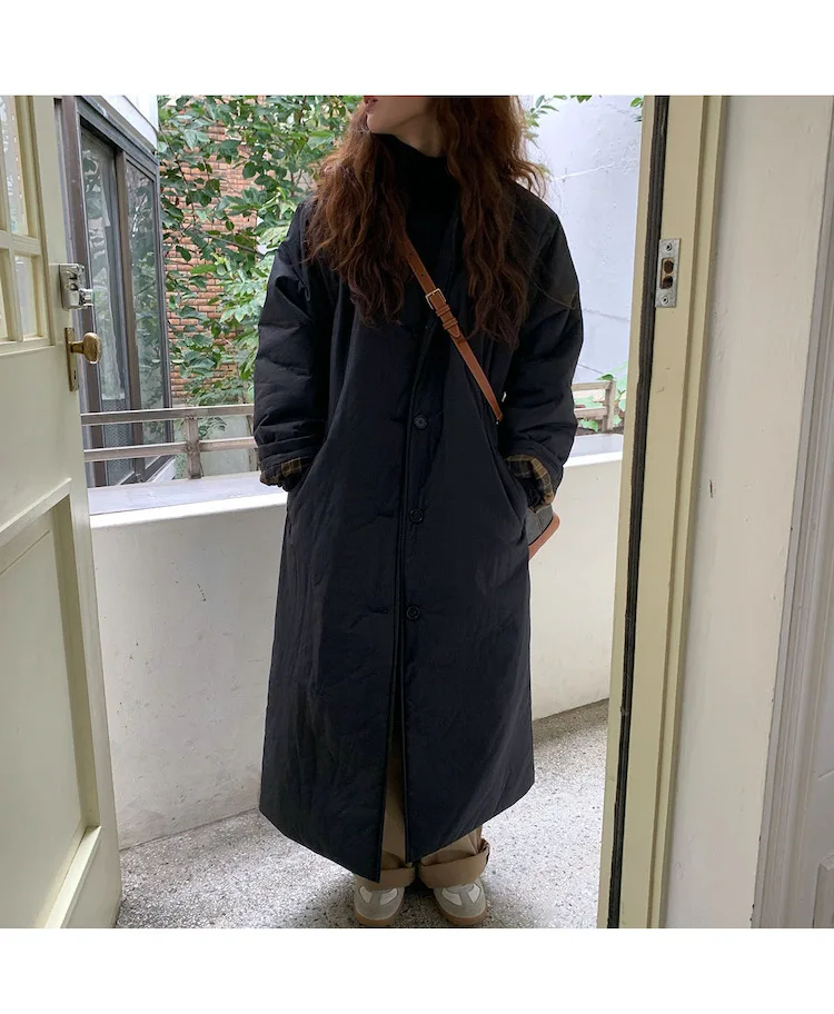 Autumn Winter Korean Army Green Warm Jacket Lapel Check Sleeves Straight Coat Fashion Medium Long Ladies Puffer Padded Outwear