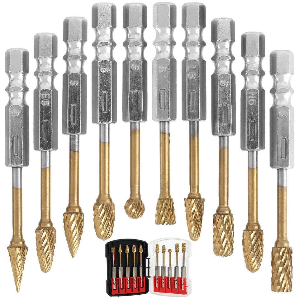 10PCS Rotary Burr Set Tungsten Steel 1/4 Inch Hex Shank Carving Burr  Double Slot Wood Engraving Burr Bit Grinding Drill Bit