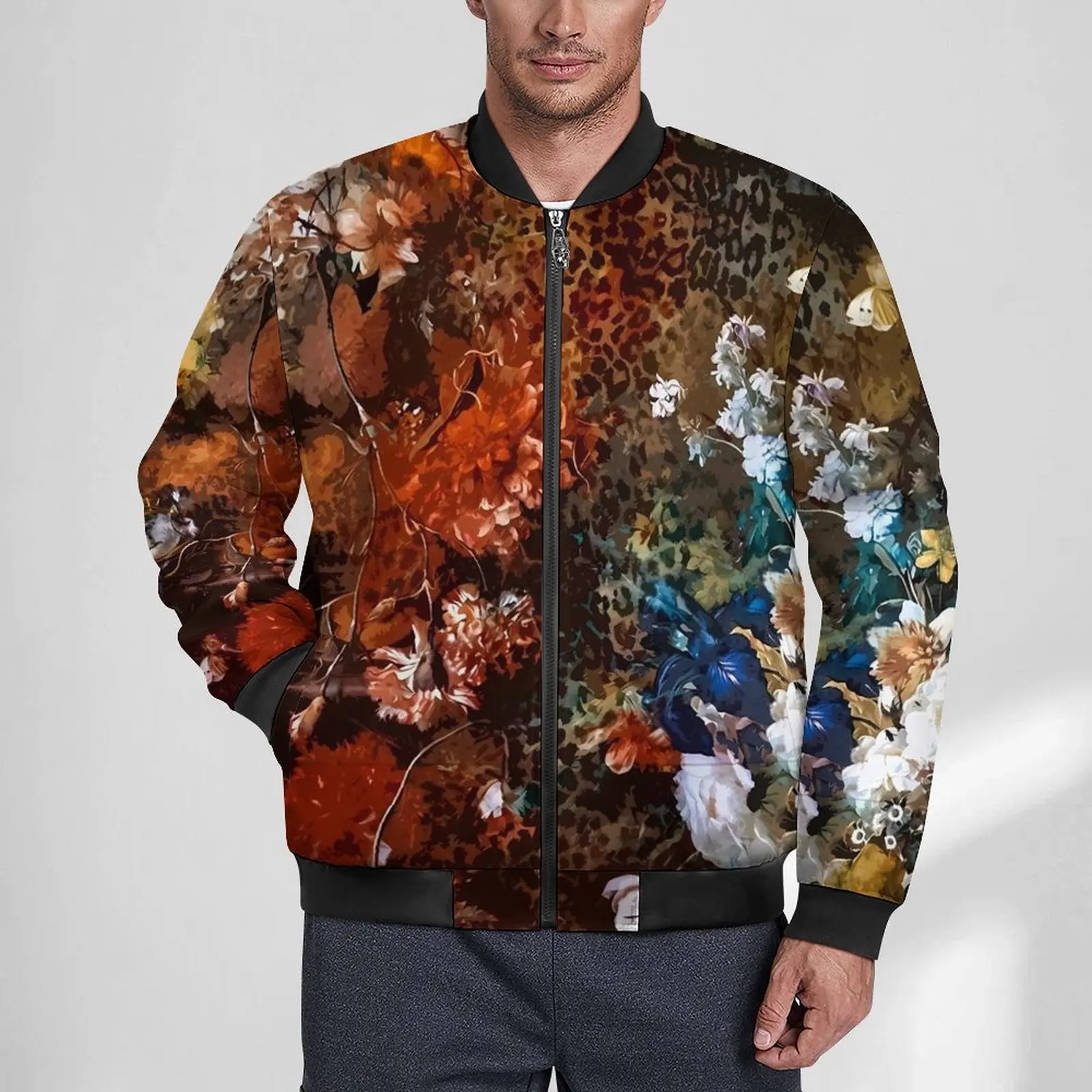 

Floral Leopard Print Jackets Bouquet Flowers Zip Winter Coats Men Aesthetic Casual Jacket Design Classic Oversize Windbreakers