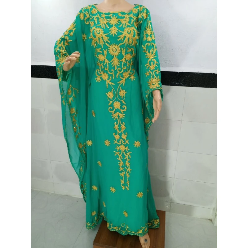 Moroccan Sea Green Dubai Kaftans Abaya Farasha Dress Very Long Dress Exotic Dancewear