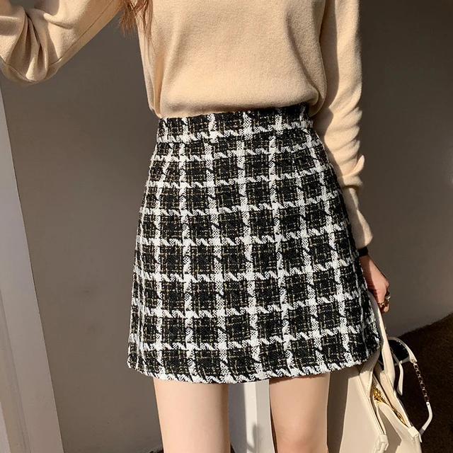 Fall Winter Plaid Skirt Womens high waist vintage Thick Glitter Mini Tweed  Skirt Saia Feminina Slim A-Line pencil skirts - AliExpress