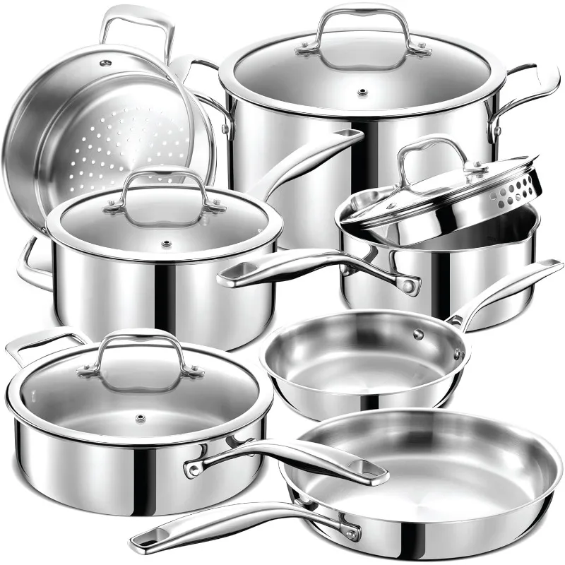 

3 Ply 11 pc Stainless Steel Pots & Pans Set w/Glass Lids - Professional Quality Cookware for Home Cooking Commercial Kitchen