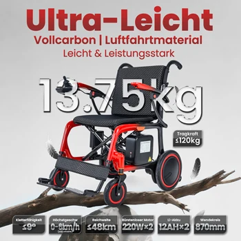Sedia a rotelle elettrica ultraleggera Wisging da 13,75 kg con telaio in fibra di carbonio, batteria al litio 2x12AH, autonomia di 48 km