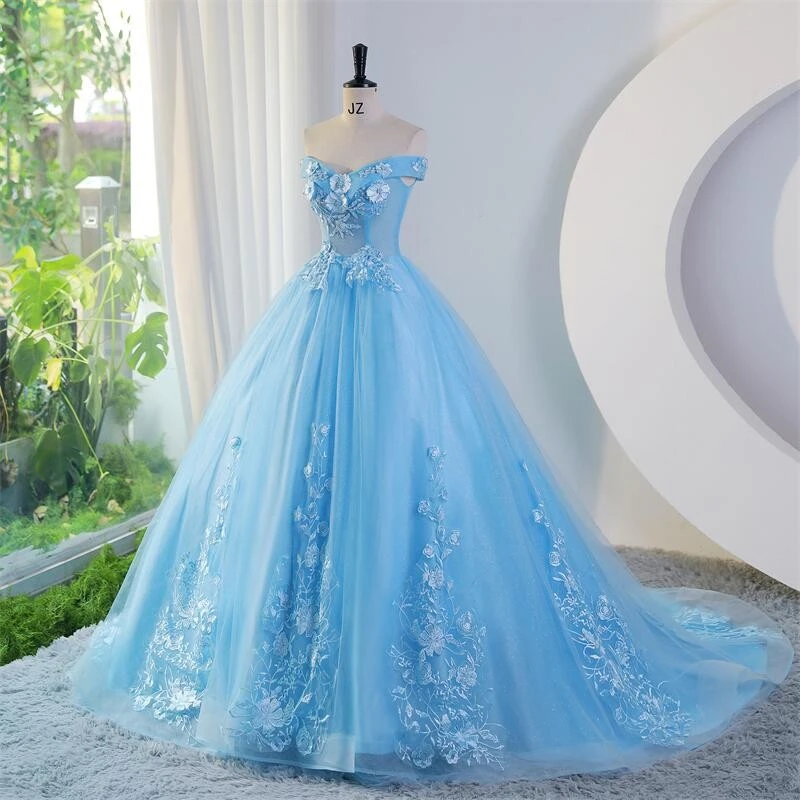 Blue Party Dress Sweet Flower Quinceanera Dresses Luxury Lace Ball Gown
