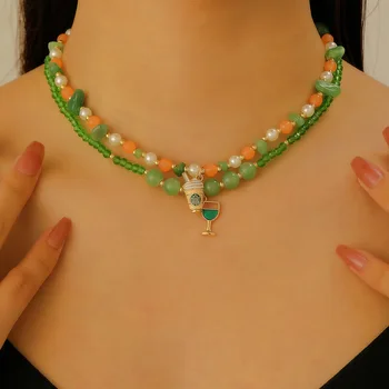 Summer Double-layer Green Bead Necklace For Women Jewelry 2025 Trending New Women's Vacation Style Necklaces Party Seaside Gifts