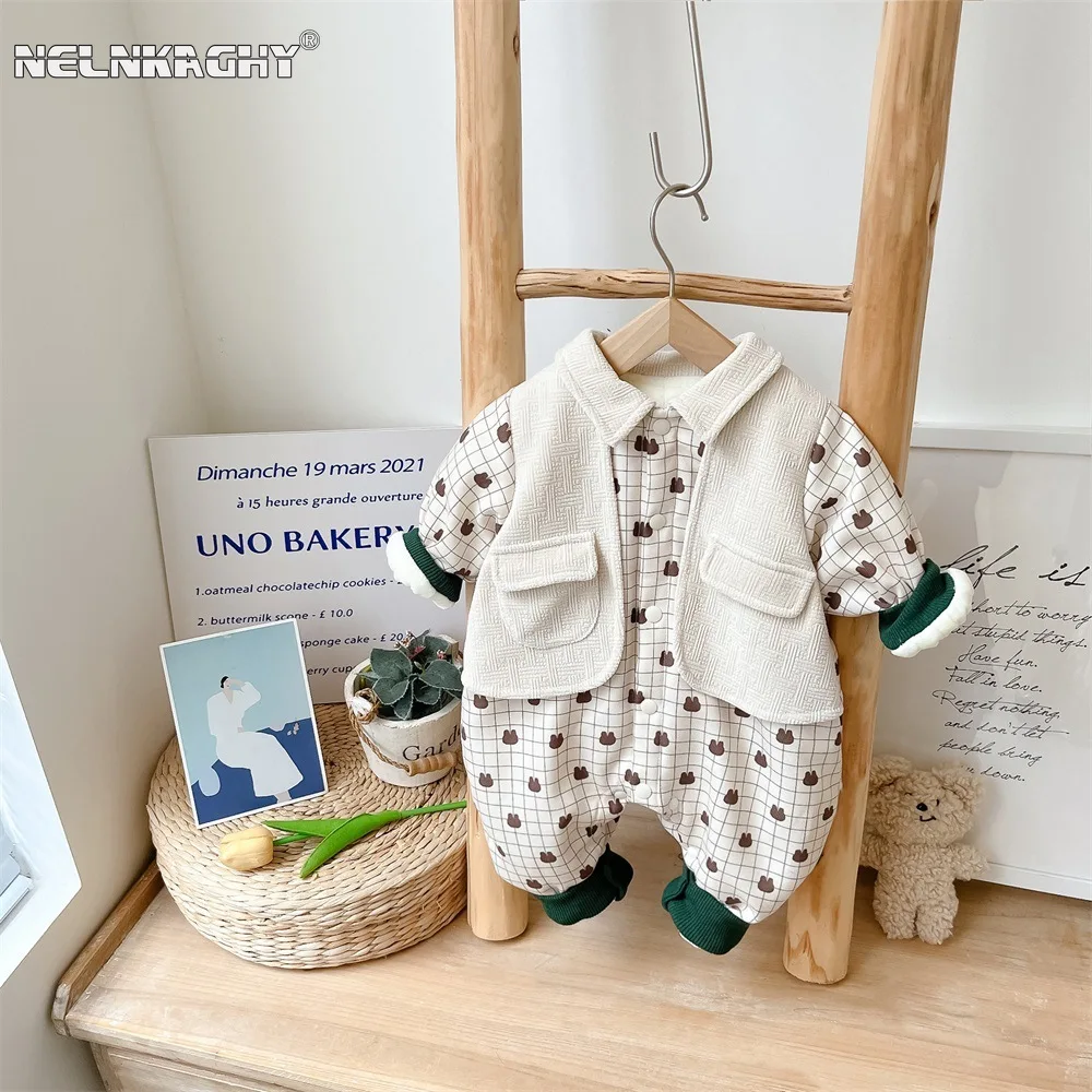 

Nordic Style Thickened Cartoon Romper - Infant Baby Boy's Plaid Print Jumpsuit with Extra Warmth for Outdoor Wear Newborn 0-24M