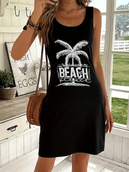 Women's summer loose and comfortable casual palm tree and beach letter printed black sleeveless vest dress punk style dress 1